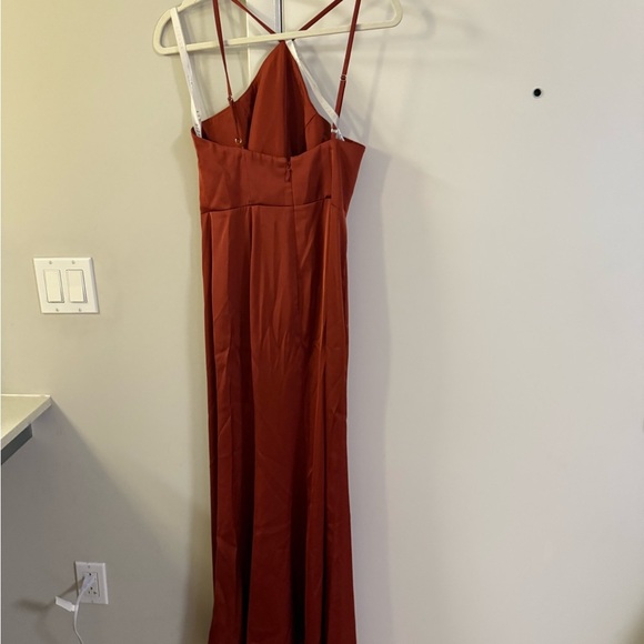 Azazie Bona A-line stretch satin bridesmaid dress in a rust/burnt orange 4 - Picture 6 of 8